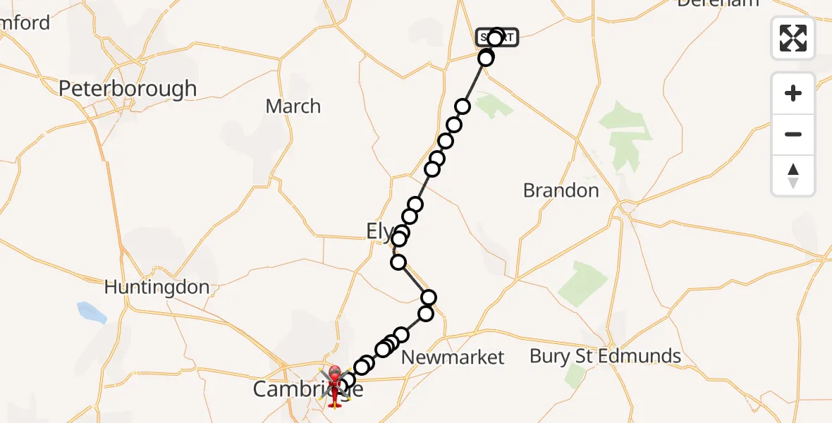 Flight route Air Ambulance Helicopter Fincham - Cambridge City Airport, 08 August 2026, 11:51