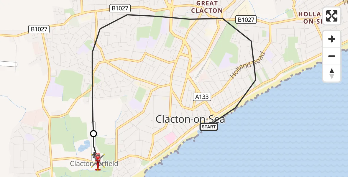 Flight route Air Ambulance Helicopter Clacton-on-Sea - Clacton Airfield, 08 August 2026, 11:51