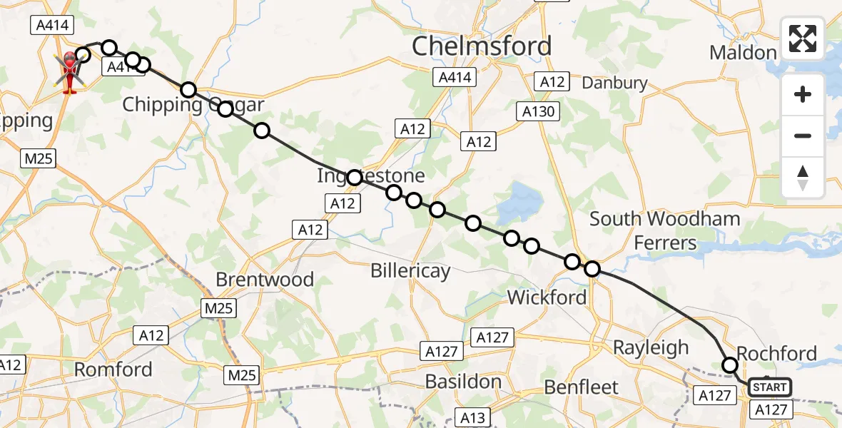 Flight route Air Ambulance Helicopter London Southend Airport - North Weald Airfield, 08 August 2026, 11:58