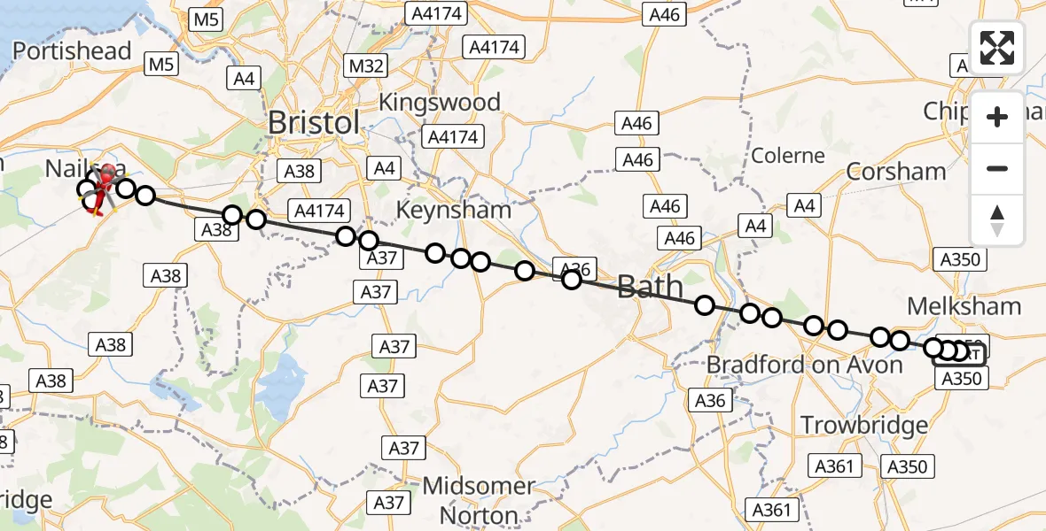Flight route Air Ambulance Helicopter Wiltshire Air Ambulance - Backwell, 08 August 2026, 12:02