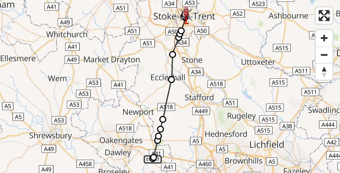 Flight route Air Ambulance Helicopter RAF Cosford - Hanley, 08 August 2026, 12:03