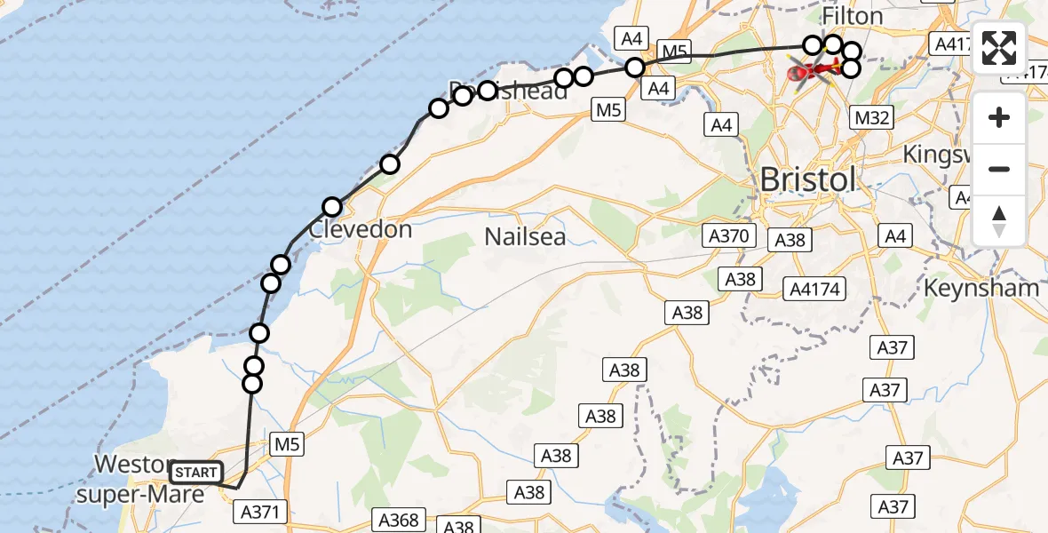 Flight route Air Ambulance Helicopter Weston-super-Mare - Bristol, 08 August 2026, 12:10