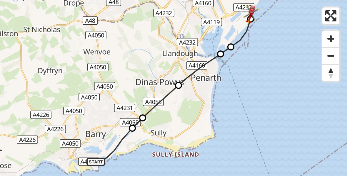 Flight route Air Ambulance Helicopter Barry - Cardiff Heliport, 08 August 2026, 12:12