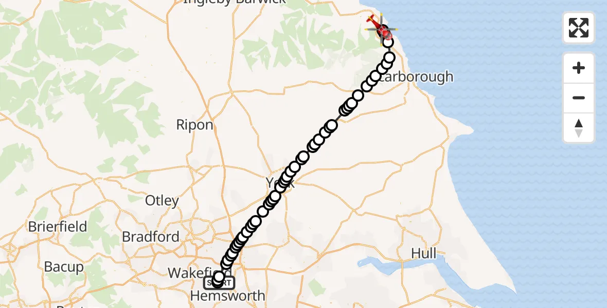 Flight route Air Ambulance Helicopter YAA Nostell Helicopter Port - Fylingthorpe, 08 August 2026, 12:13