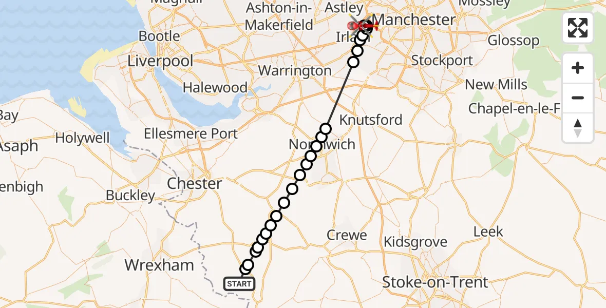 Flight route Air Ambulance Helicopter Malpas - Manchester Barton Aerodrome, 08 August 2026, 12:14