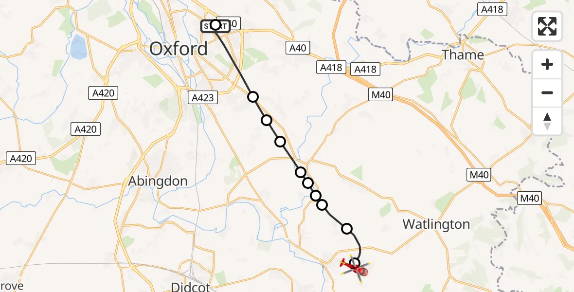 Flight route Air Ambulance Helicopter John Radcliffe Hospital - RAF Benson, 08 August 2026, 12:25