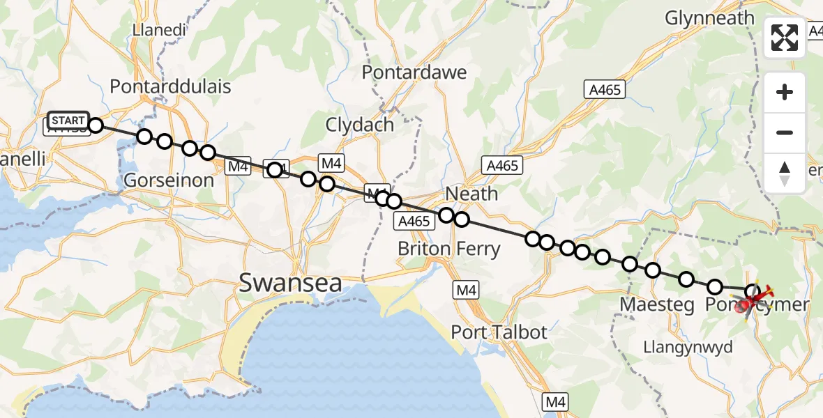 Flight route Air Ambulance Helicopter Dafen - Pontycymer, 08 August 2026, 12:29