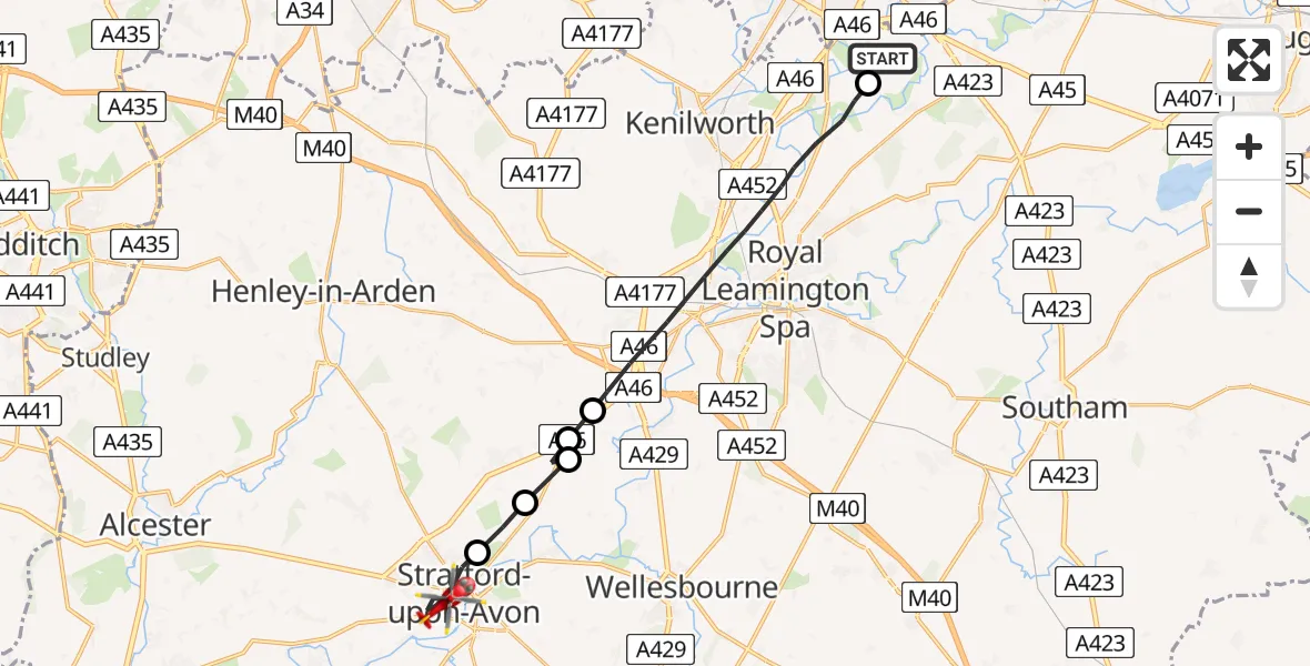 Flight route Air Ambulance Helicopter Coventry Airport - Stratford-upon-Avon, 08 August 2026, 12:33