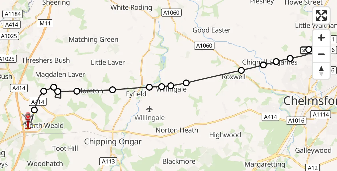 Flight route Air Ambulance Helicopter Broomfield Hospital - North Weald Airfield, 08 August 2026, 12:35