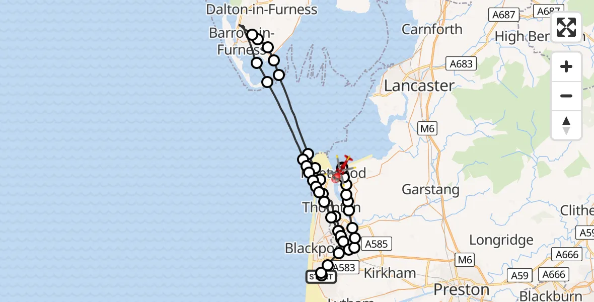 Flight route Air Ambulance Helicopter Blackpool Airport - Knott End-On-Sea, 08 August 2026, 12:38