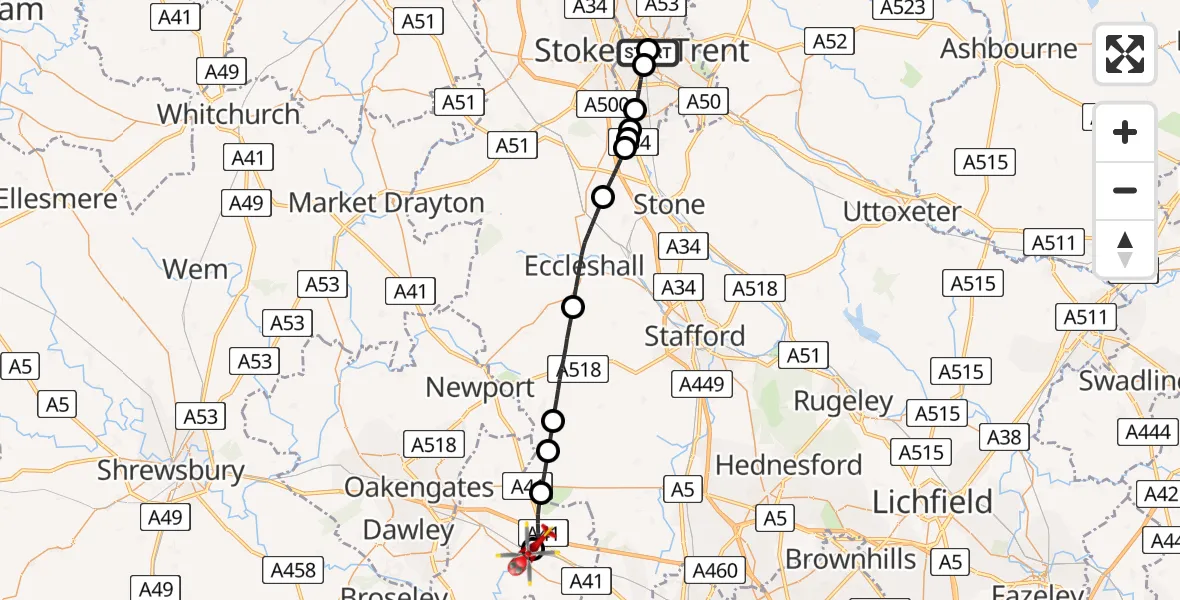 Flight route Air Ambulance Helicopter Hanley - Cosford, 08 August 2026, 12:43