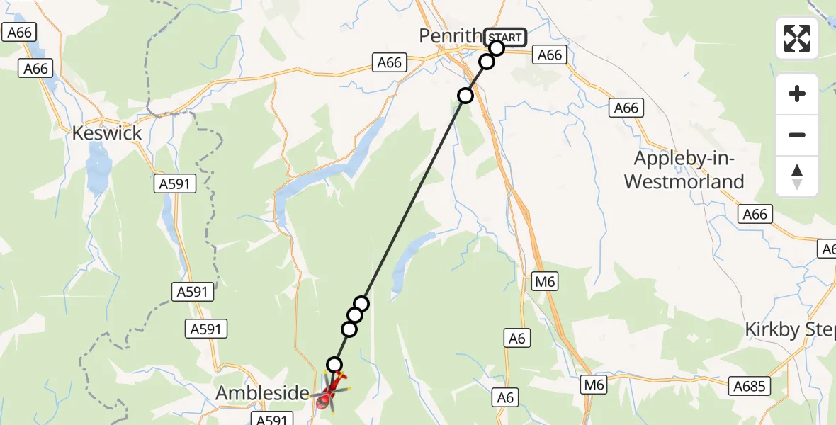 Flight route Air Ambulance Helicopter Penrith - Troutbeck, 08 August 2026, 12:48
