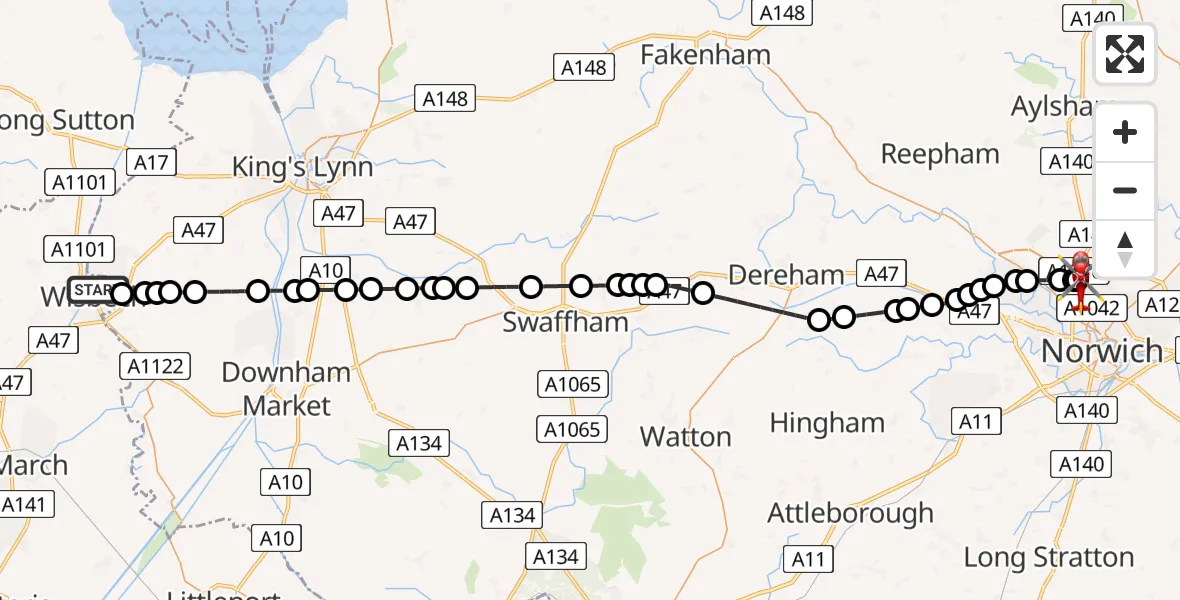 Flight route Air Ambulance Helicopter Wisbech - Norwich Airport, 08 August 2026, 12:51