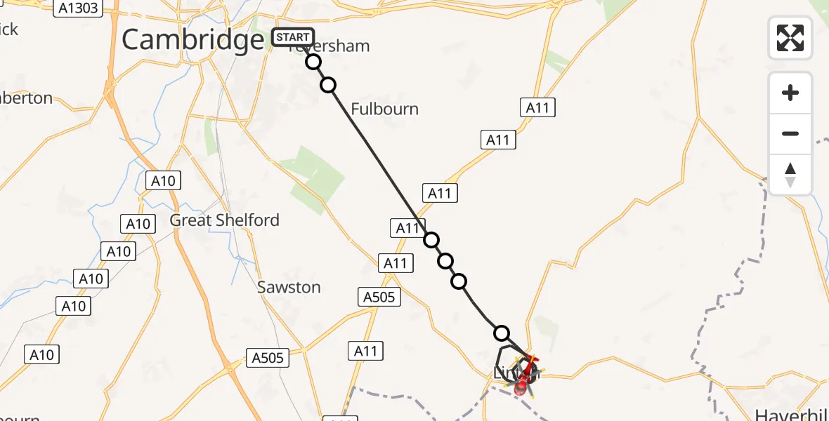 Flight route Air Ambulance Helicopter Cambridge City Airport - Linton, 08 August 2026, 12:52