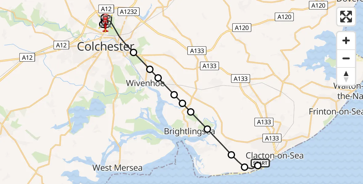 Flight route Air Ambulance Helicopter Clacton Airfield - Colchester Hospital, 08 August 2026, 13:02