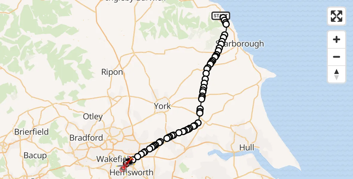 Flight route Air Ambulance Helicopter Fylingthorpe - YAA Nostell Helicopter Port, 08 August 2026, 13:02