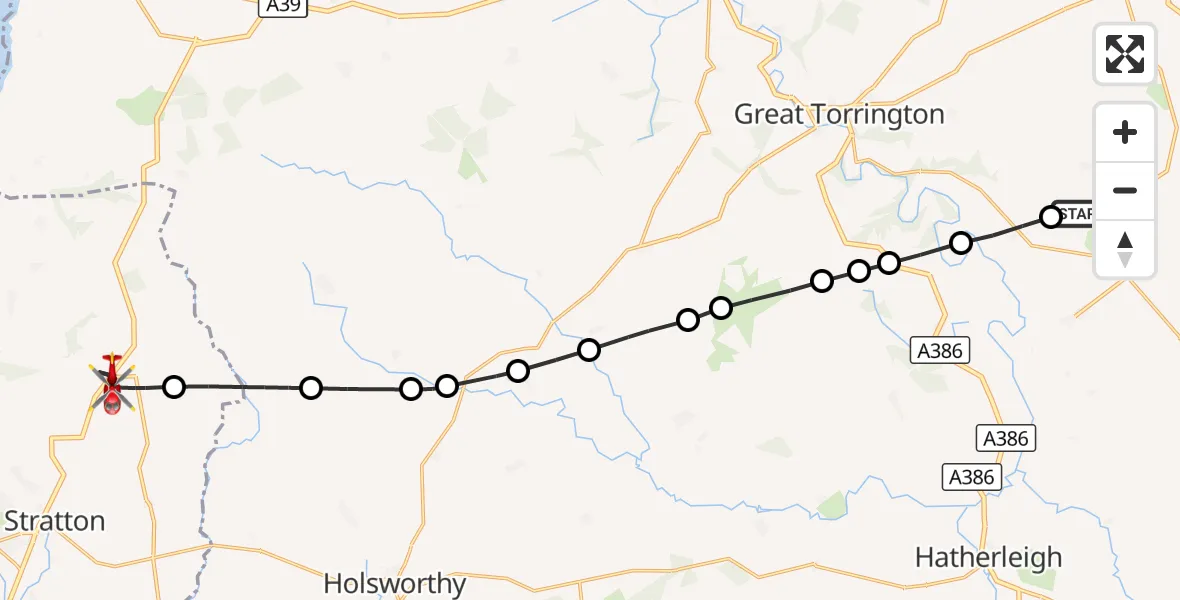 Flight route Air Ambulance Helicopter Torridge - Kilkhampton, 08 August 2026, 13:03