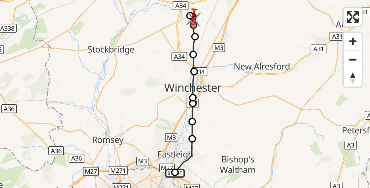 Flight route Air Ambulance Helicopter Southampton Airport - Sutton Scotney, 08 August 2026, 13:12