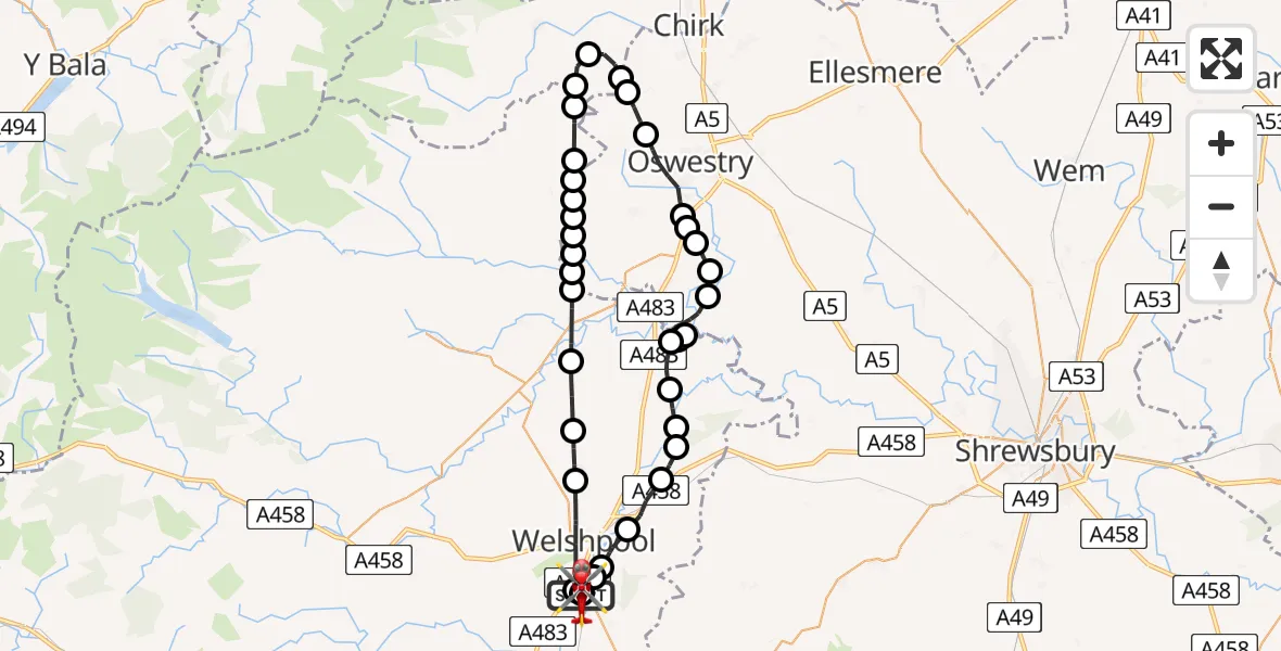 Flight route Air Ambulance Helicopter Welshpool Airport - Welshpool Airport, 08 August 2026, 13:15