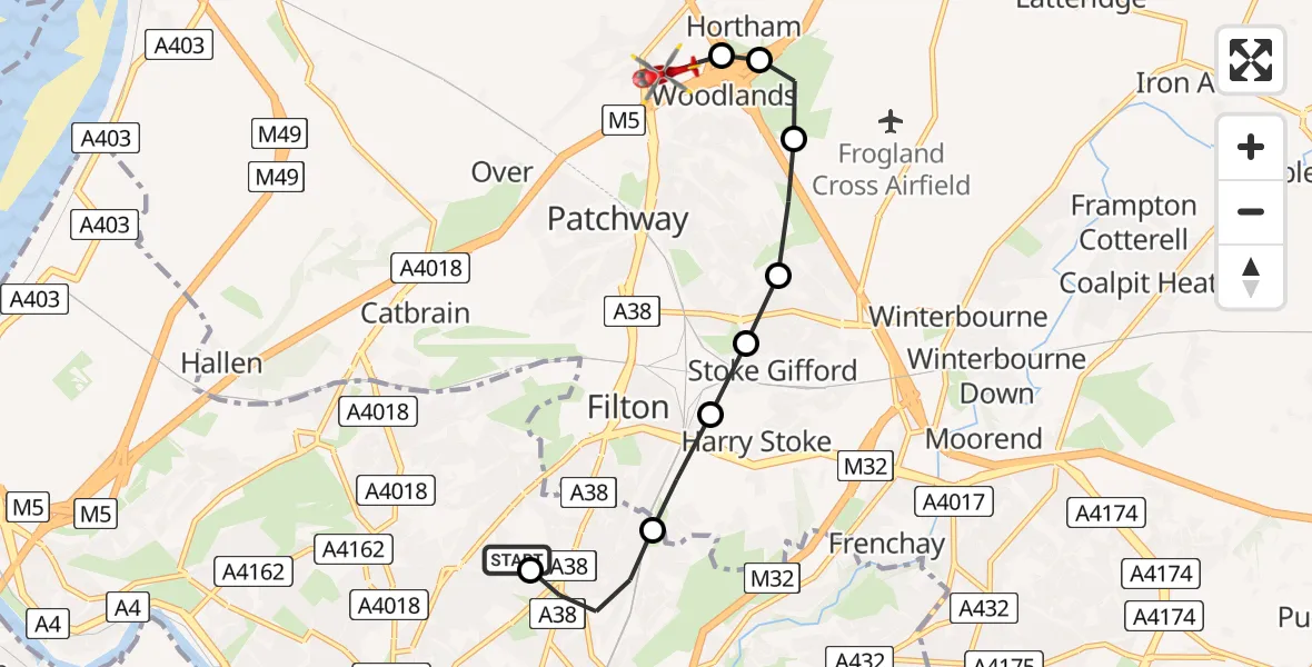 Flight route Air Ambulance Helicopter Southmead Hospital - Almondsbury Helicopter Base, 08 August 2026, 13:17