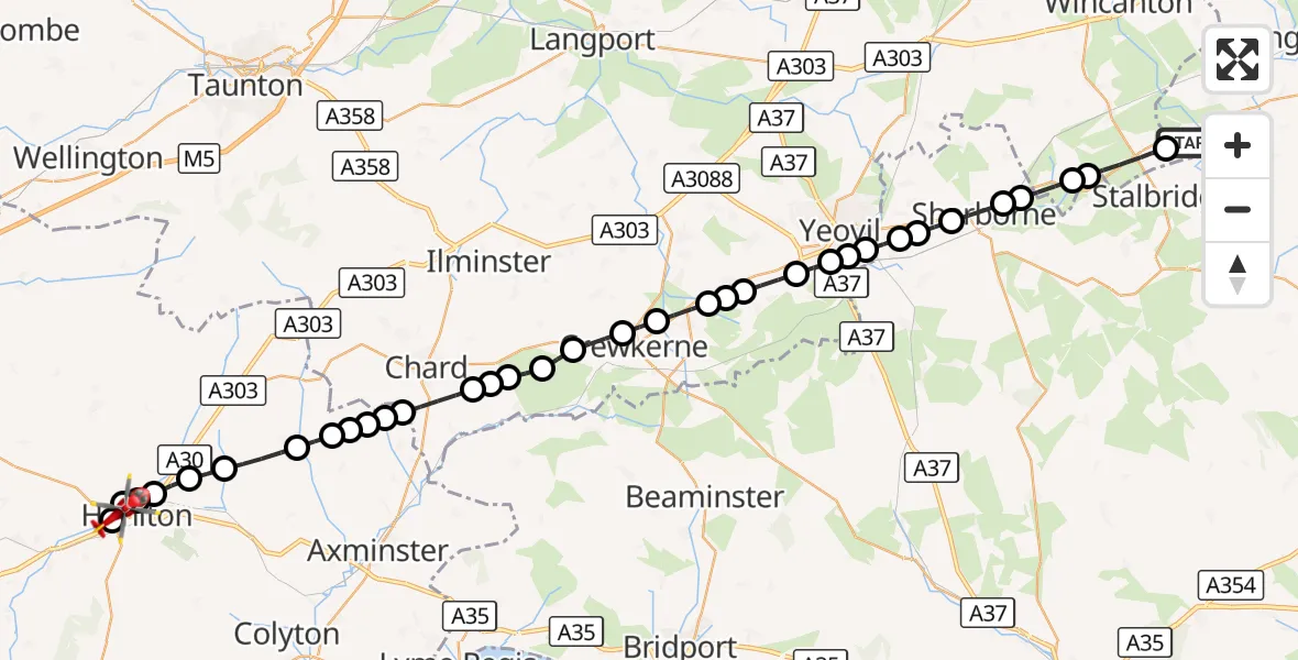 Flight route Air Ambulance Helicopter Henstridge Airfield - Awliscombe, 08 August 2026, 13:25