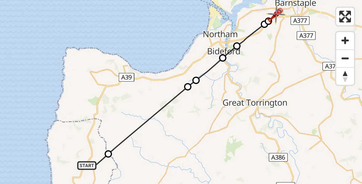 Flight route Air Ambulance Helicopter Kilkhampton - Bickington, 08 August 2026, 13:27