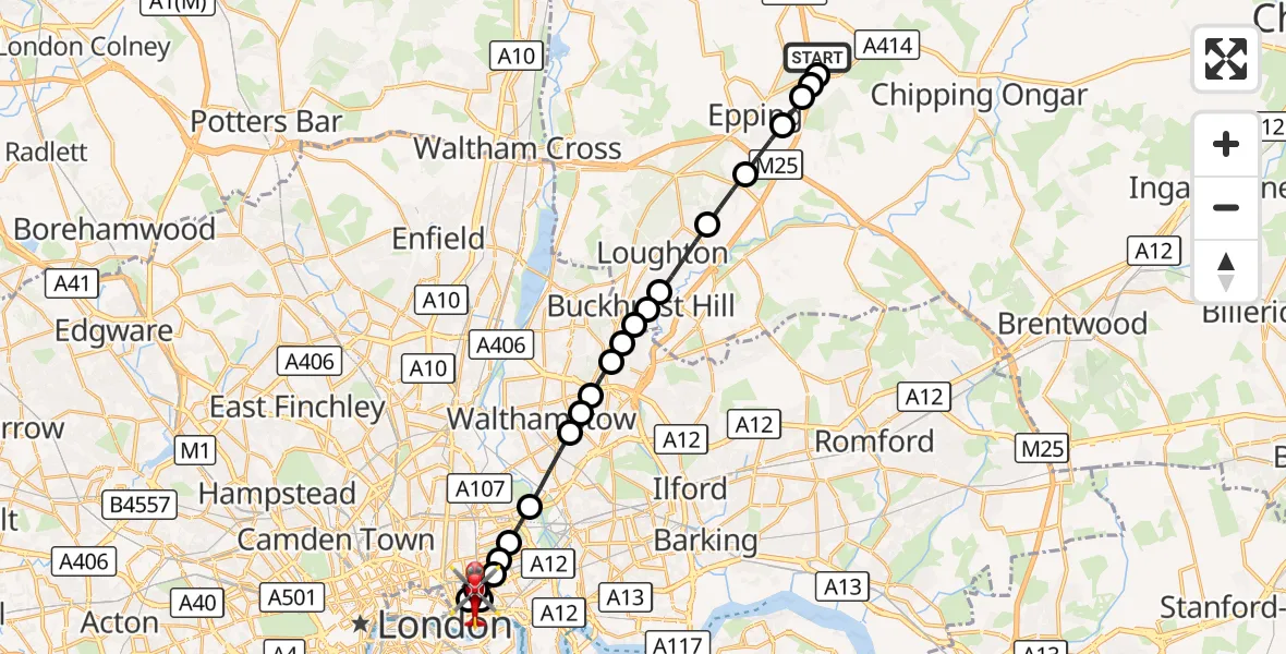 Flight route Air Ambulance Helicopter North Weald Airfield - Royal London Hospital, 08 August 2026, 13:29