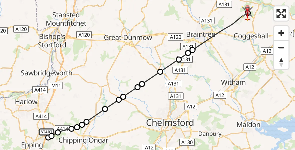 Flight route Air Ambulance Helicopter North Weald Airfield - Earls Colne Airfield, 08 August 2026, 13:29