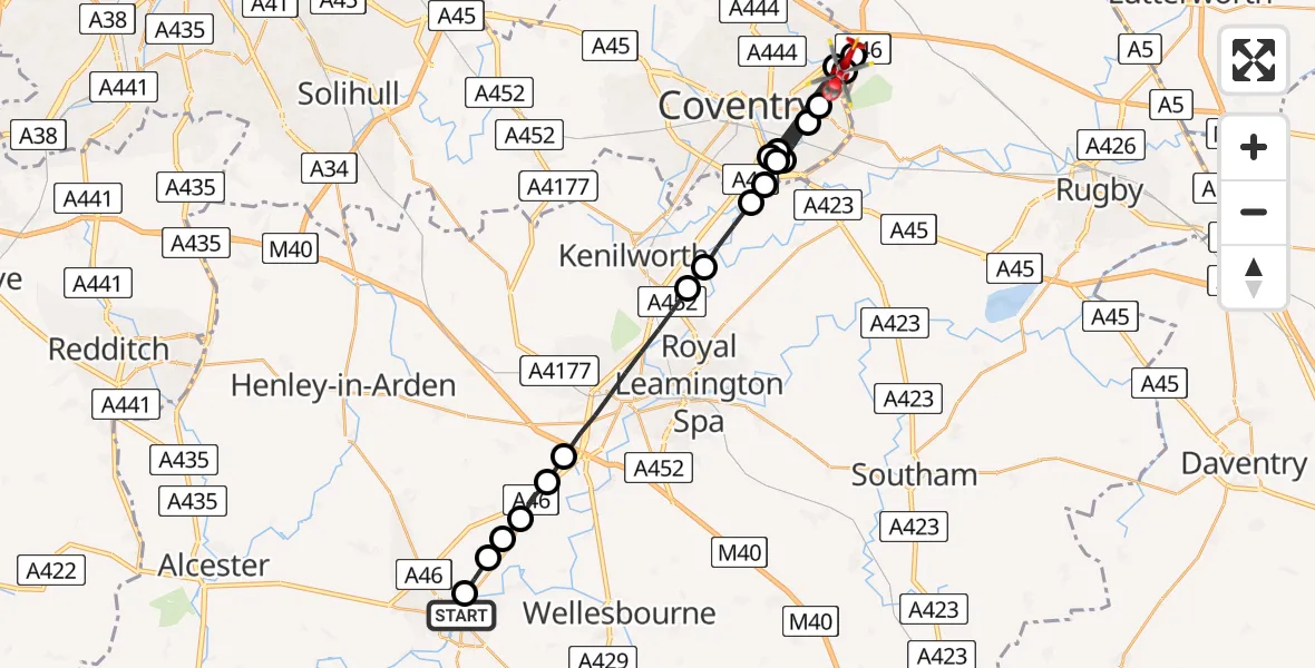Flight route Air Ambulance Helicopter Stratford-upon-Avon - Walsgrave, 08 August 2026, 13:30