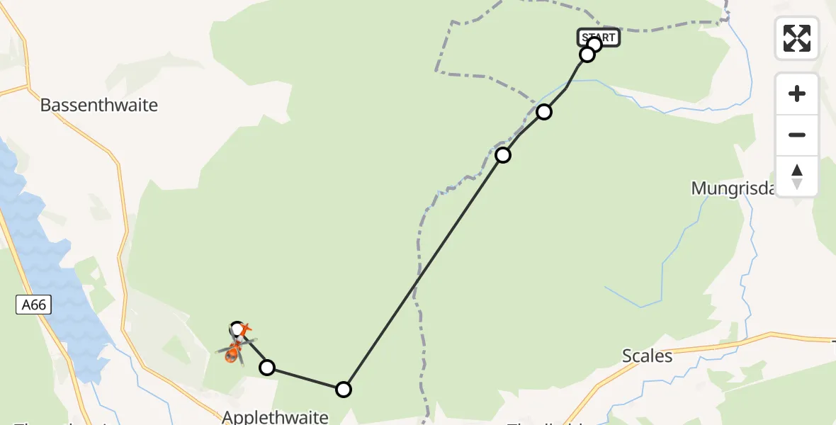 Flight route Coastguard Helicopter Mungrisdale - Bassenthwaite, 08 August 2026, 13:40