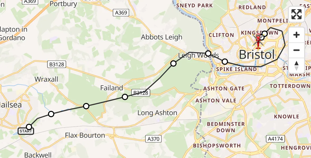 Flight route Air Ambulance Helicopter Nailsea - Bristol Royal Infirmary, 08 August 2026, 13:42