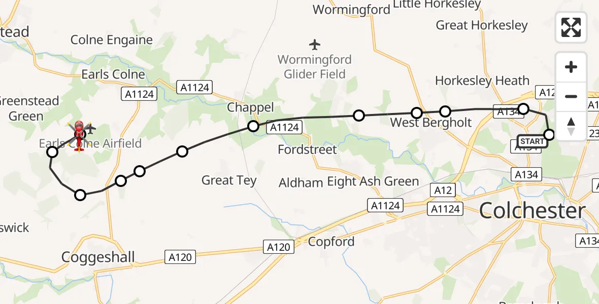 Flight route Air Ambulance Helicopter Colchester Hospital - Earls Colne Airfield, 08 August 2026, 13:41