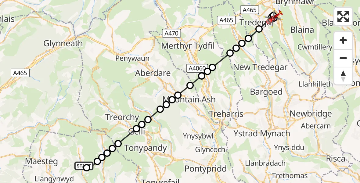 Flight route Air Ambulance Helicopter Pontycymer - Glyn-coed, 08 August 2026, 13:45