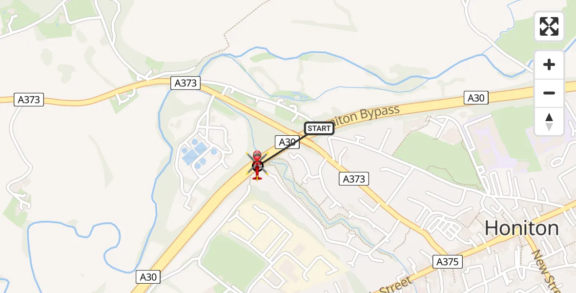 Flight route Air Ambulance Helicopter Honiton - Awliscombe, 08 August 2026, 13:47