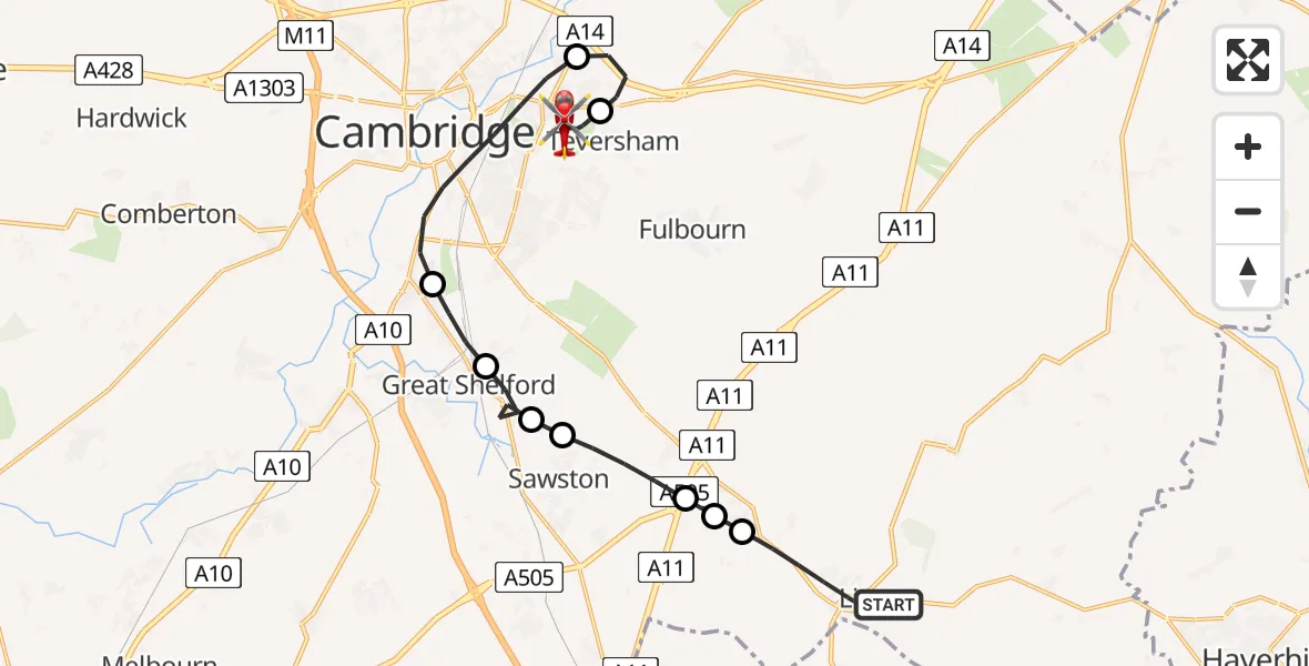 Flight route Air Ambulance Helicopter Linton - Cambridge City Airport, 08 August 2026, 13:56