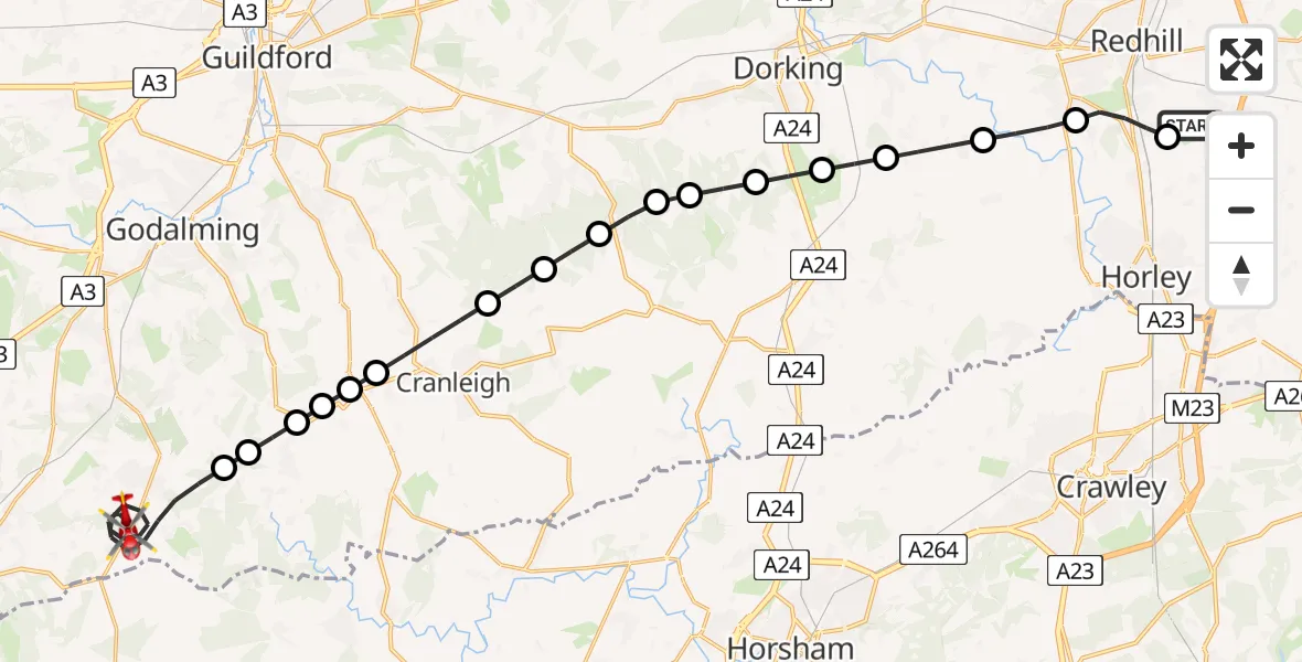 Flight route Air Ambulance Helicopter Redhill Aerodrome - Chiddingfold, 08 August 2026, 14:00