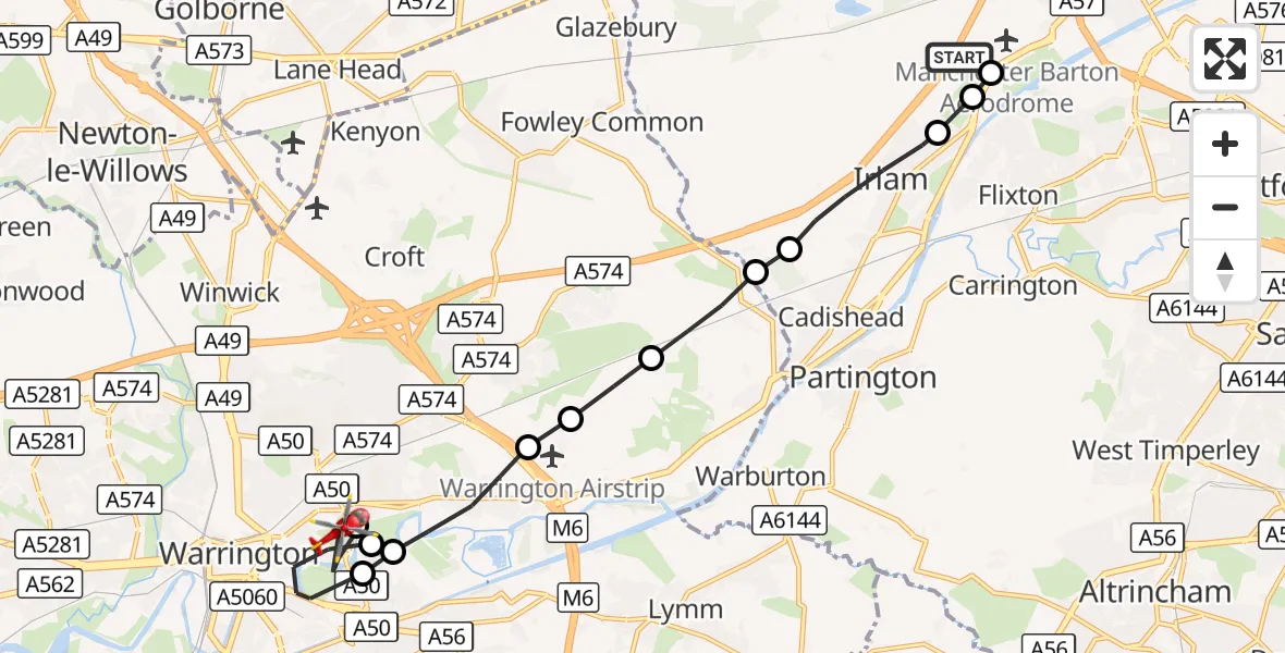 Flight route Air Ambulance Helicopter Irlam - Warrington, 08 August 2026, 14:00