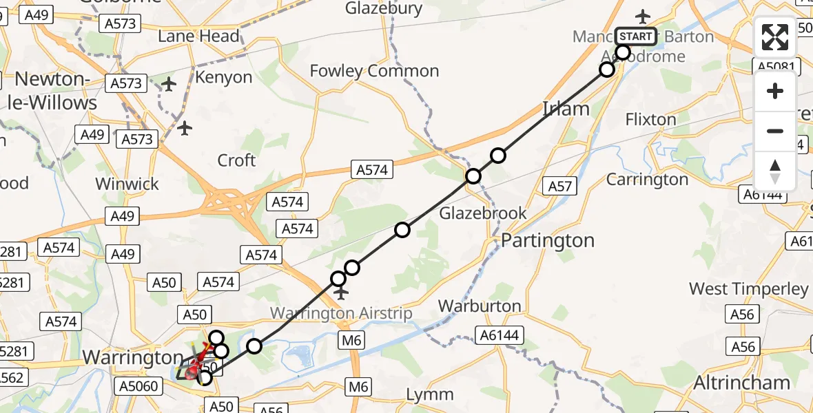 Flight route Air Ambulance Helicopter Manchester Barton Aerodrome - Warrington, 08 August 2026, 14:01