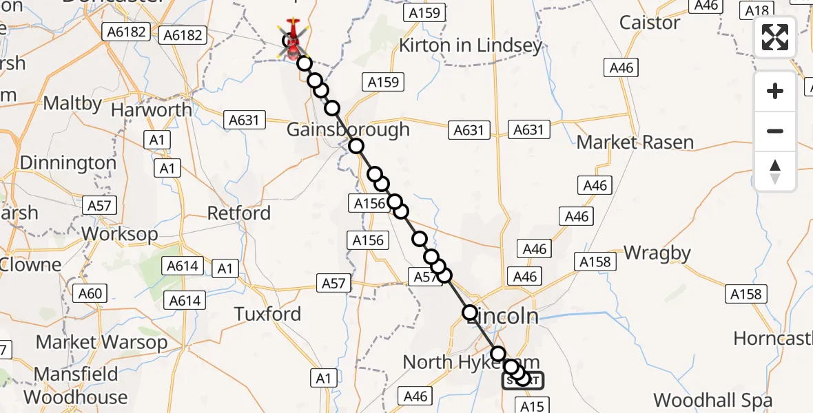Flight route Air Ambulance Helicopter RAF Waddington - Westwoodside, 08 August 2026, 14:18