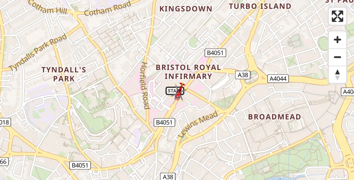 Flight route Air Ambulance Helicopter Bristol Royal Infirmary - Bristol Royal Infirmary, 08 August 2026, 14:21