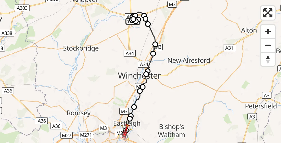 Flight route Air Ambulance Helicopter Winchester - Southampton Airport, 08 August 2026, 14:21