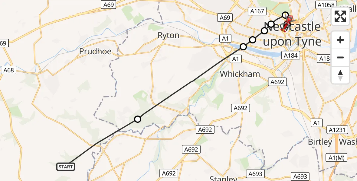Flight route Air Ambulance Helicopter Shotley Low Quarter - Newcastle Royal Victoria Infirmary, 08 August 2026, 14:25