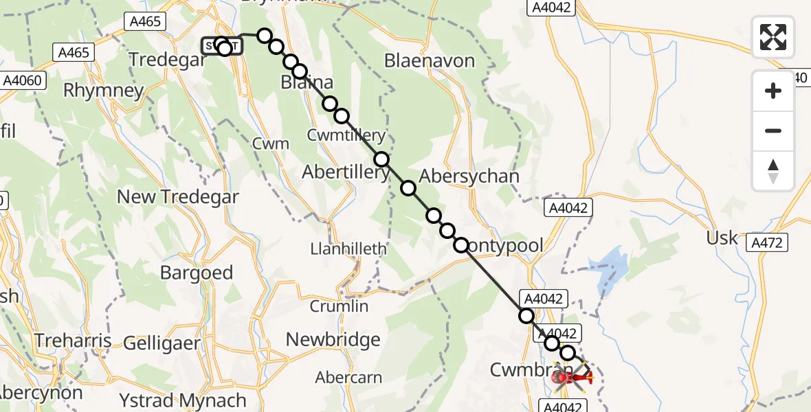 Flight route Air Ambulance Helicopter Ebbw Vale - Cwmbrân, 08 August 2026, 14:27