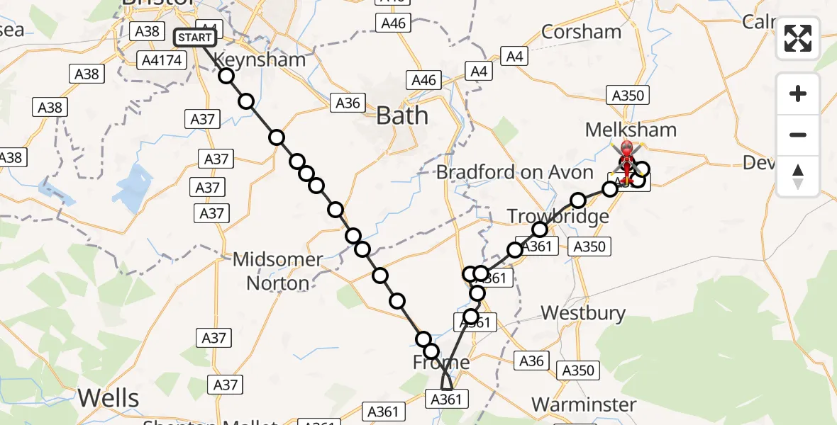 Flight route Air Ambulance Helicopter Bristol - Wiltshire Air Ambulance, 08 August 2026, 14:27