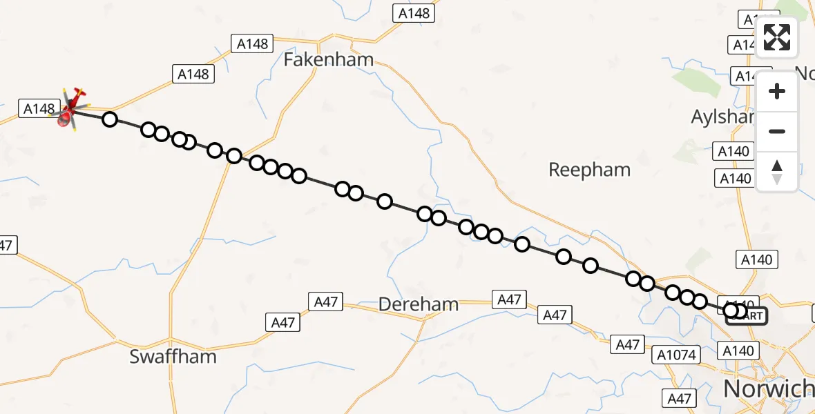 Flight route Air Ambulance Helicopter Norwich Airport - Hillington, 08 August 2026, 14:31