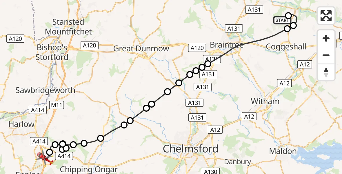 Flight route Air Ambulance Helicopter Earls Colne Airfield - North Weald Airfield, 08 August 2026, 14:31
