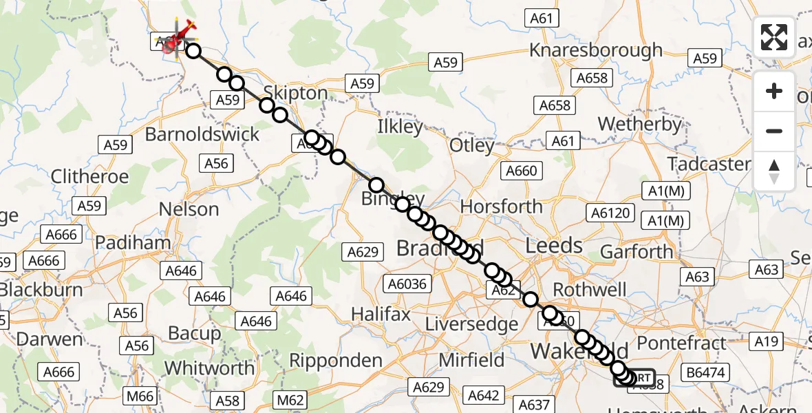 Flight route Air Ambulance Helicopter YAA Nostell Helicopter Port - Hellifield, 08 August 2026, 14:34