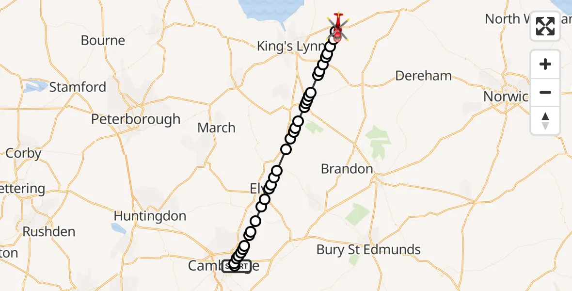 Flight route Air Ambulance Helicopter Cambridge City Airport - Hillington, 08 August 2026, 14:37
