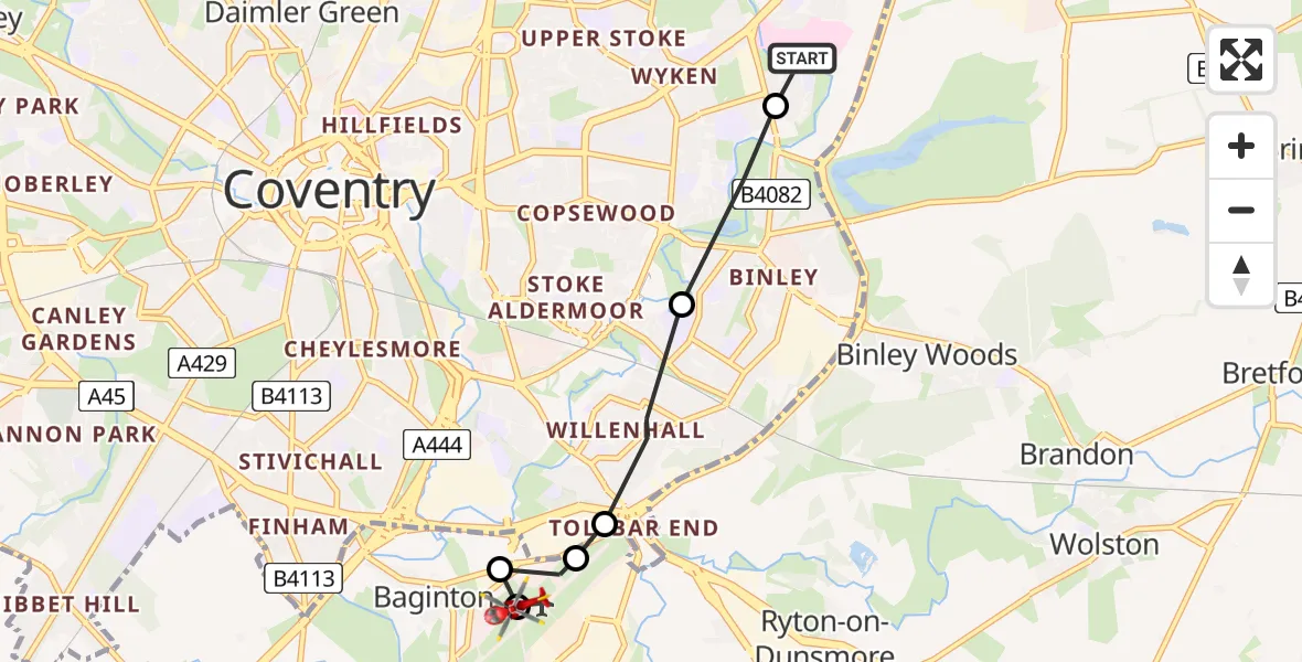 Flight route Air Ambulance Helicopter University Hospital Coventry - Coventry Airport, 08 August 2026, 14:42