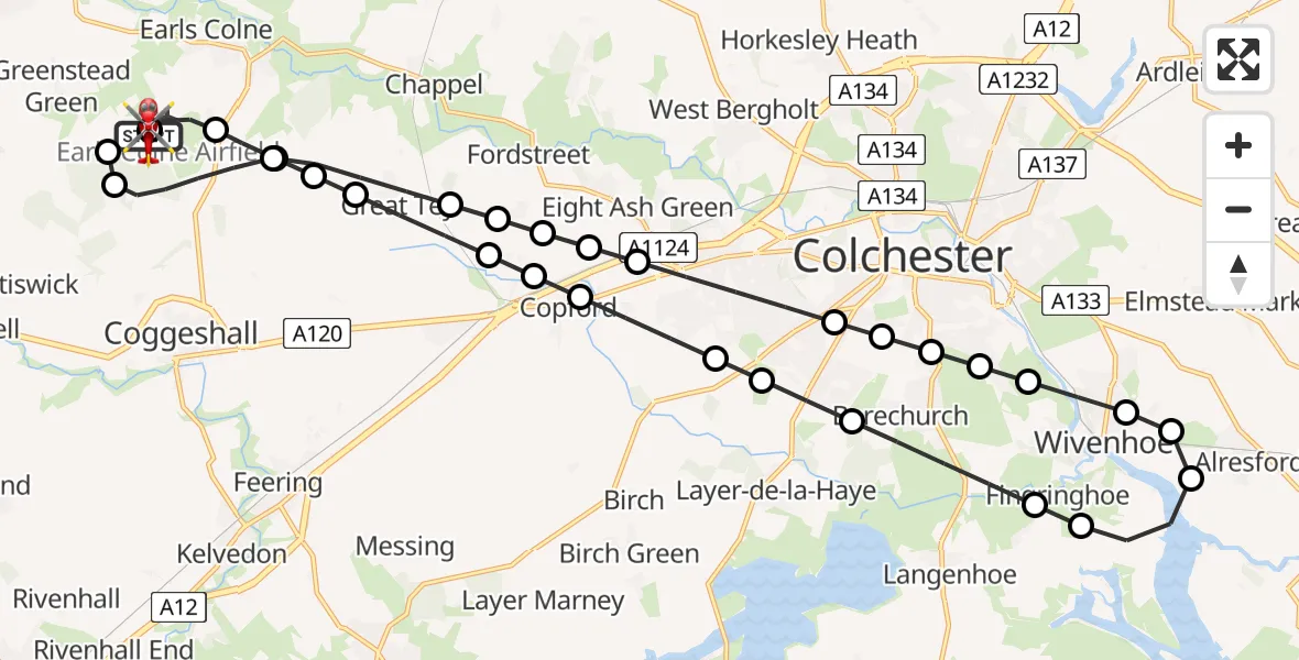 Flight route Air Ambulance Helicopter Earls Colne Airfield - Earls Colne Airfield, 08 August 2026, 14:44